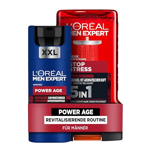 L'Oréal Men Expert Stop Stress Pflegeset für Männer, Mit XXL Gesichtspflege & Duschgel, Set für Herren mit Hyaluronsäure und aromatischem Duft, Power Age, Stop Stress, 2-teilig von L'Oréal Men Expert