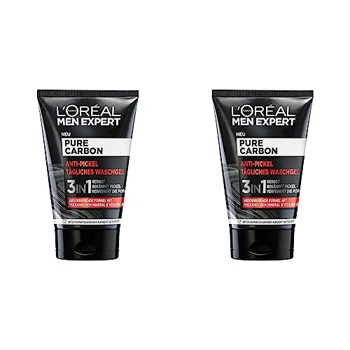 L'Oréal Men Expert Waschgel für das Gesicht, Anti-Pickel Gesichtsreinigung für Männer, Mit vulkanischem Mineral und Vitamin B3, Pure Carbon, 1 x 100 ml (Packung mit 2) von L'Oréal Men Expert