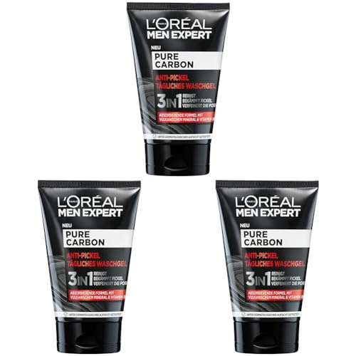 L'Oréal Men Expert Waschgel für das Gesicht, Anti-Pickel Gesichtsreinigung für Männer, Mit vulkanischem Mineral und Vitamin B3, Pure Carbon, 1 x 100 ml (Packung mit 3) von L'Oréal Men Expert