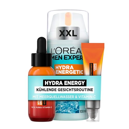 L'Oréal Men Expert kühlendes Anti-Glanz Pflegeset für Männer, Mit XXL Gesichtspflege, Gesichtsserum und Augen Roll-On, Set für Herren mit Feuchtigkeitspflege Anti-Müdigkeit, Hydra Energy, 3-teilig von L'Oréal Men Expert