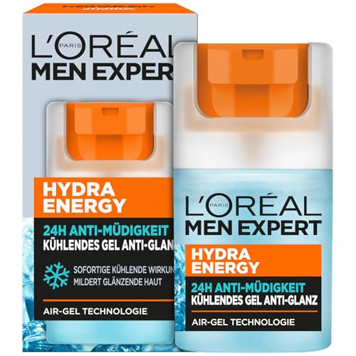 L'Oréal Men Expert kühlende Anti-Glanz Gesichtspflege für Männer, Mattierendes und erfrischendes Gel 24H Anti-Müdigkeit, Gesichtscreme für Herren mit Meeresquellwasser, Hydra Energy, 1 x 50 ml von L'Oréal Men Expert