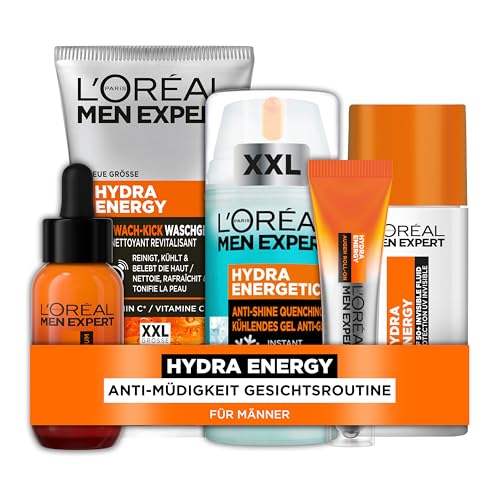 L'Oréal Men Expert kühlendes Pflegeset für Männer, Mit XXL Waschgel, Gesichtsserum, Gesichtscreme, Augen Roll-On und LSF 50+ Invisible Fluid, Geschenke für Herren mit Vitamin C, Hydra Energy, 5-teilig von L'Oréal Men Expert