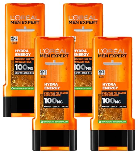 L'Oréal Paris Men Expert XXL Duschgel und Shampoo für Männer, Zur Reinigung von Körper, Haar und Gesicht, Herren Duschbad mit Taurin, Hydra Energy, 1 x 400 ml (Packung mit 4) von L'Oréal Men Expert