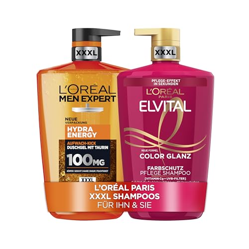 L'Oréal Paris XXXL Pflege-Set für Sie & Ihn: Men Expert Hydra Energy Duschgel – Belebende Reinigung & Elvital Color Glanz Shampoo – Farbschutz und Glanz für coloriertes Haar, 2 x 1000 ml von L'Oréal Men Expert