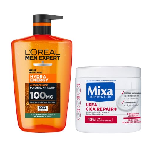 Männer-Power-Duo: L'Oréal Men Expert Hydra Energy 1L Duschgel für den täglichen Aufwach-Kick & Mixa Urea Creme für sichtbar erneuerte Haut, belebende Frische und intensive Hautregeneration von L'Oréal Men Expert