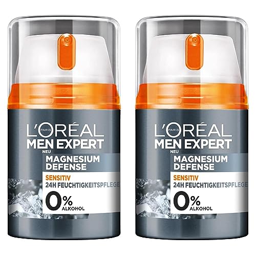 Men Expert Feuchtigkeitscreme für das Gesicht, Mit Hyaluron für ein gepflegtes Hautbild, Magnesium Defense Sensitiv Tagespflege 1 x 50 ml (Packung mit 2) von L'Oréal Men Expert