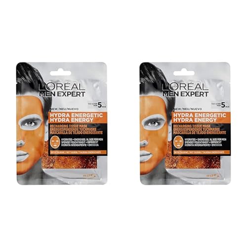 Men Expert Hydra Energetic Tissue Gesichtsmaske für Männer, Tuchmaske für müde aussehende Haut (1 Stück) (Packung mit 2) von L'Oréal Men Expert