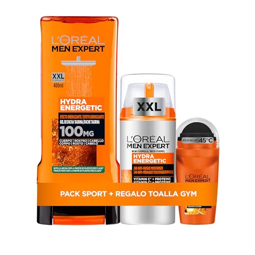 Routine L 'Oréal Men Expert Hydra Energetic für Herren, Duschgel 400 ml (XXL) + Anti-Transpirant Deo Roll-On 50 ml + Anti-Müdigkeits-Feuchtigkeitscreme mit Vitamin C, 100 ml (XXL) von L'Oréal Men Expert