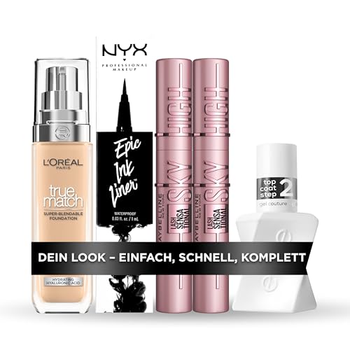 Dein Look Set - einfach, schnell, komplett: L'Oréal Paris True Match Make-Up, NYX Professional Makeup Epic Ink Eye Liner, 2x Maybelline New York Lash Sensational Sky High Mascara, essie Top Coat von L'Oréal Paris