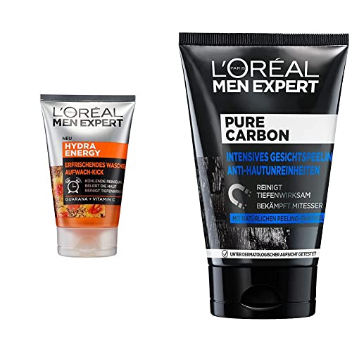 L'Oréal Men Expert Gesichtsreinigung für Männer, Erfrischendes und pflegendes Reinigungsgel mit Aufwach-Kick für Männer, Hydra Energy, 1 x 100 ml & L'Oréal Paris Men Expert Peeling für Männer, 1x100ml von L'Oréal Paris