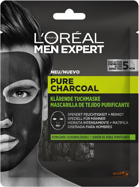 L'Oréal Men Expert Pure Charcoal schwarze, tiefenreinigende und mattierende Tuchmaske 30 g von L'Oréal Paris