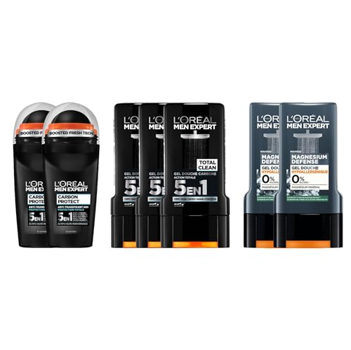 L'Oréal Men Expert – Routine Duschgel & Deodorant für Herren, 3 x Duschgel mit Totalaktion, 2 x Duschgel Magnesium Defense, 2 x Carbon Protect Deodorant von L’Oréal Paris