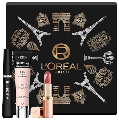 L’Oréal Paris Geschenk-Set mit Prime Lab 24h Pore Minimizer Primer, Telescopic Lift Mascara & Color Riche Les Nus Lippenstift, Next Level Everyday Look, 3-teilig von L'Oréal Paris