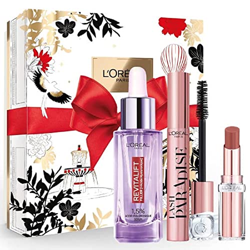 L'Oréal Paris Geschenkset für Damen, luxuriös, 1 Anti-Falten-Serum, Hyaluronsäure + 1 schwarze Mascara, Rizinusöl Lash Paradise + 1 feuchtigkeitsspendender Lippenbalsam Glow Paradise Nude von L'Oreal Paris