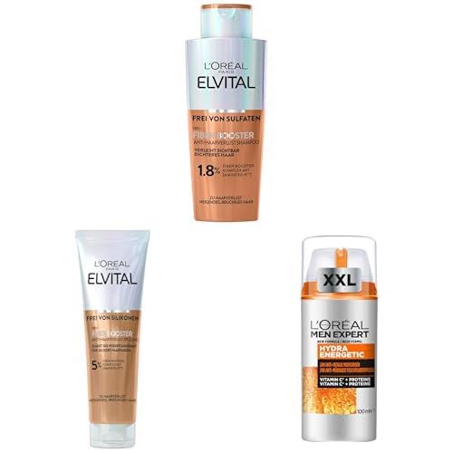 L'Oréal Paris Männer-Pflegeset: Elvital Fiber Booster Shampoo & Conditioner + Men Expert Hydra Energy Feuchtigkeitscreme,Gegen Haarverlust, stärkt Haar & belebt müde Haut,3-teilig von L'Oréal Paris