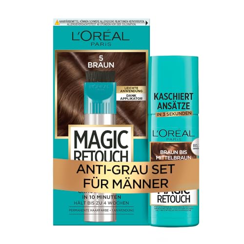 L'Oréal Paris Magic Retouch: Permanente Haarfarbe für Männer, Braun/Mittelbraun, Kaschierspray für natürliche Abdeckung von Haaransätzen, 100% Grau-Haar-Abdeckung, Bis zu 4 Wochen Halt, 75 ml & 150 ml von L'Oreal Paris
