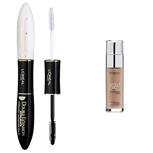 L'Oréal Paris Mascara, Schwarze Wimperntusche und Mascara Primer für lange Wimpern, Double Extension Carbon Black, 12 ml & Make up, Flüssige Foundation mit Hyaluron und Aloe Vera, Nr. 4.N Beige, 30 ml von L'Oréal Paris