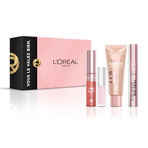 L'Oréal Paris - Make-up-Set Natural Glow – 4 Produkte – Mascara Big Deal, Highlighter Lumi Glotion, Lumi Blush, Lipgloss, Ambition mit Hyaluronsäure von L'Oréal Paris