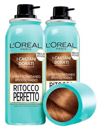 L'Oréal Paris Retuschieren Perfektes Sofort-Spray für weißes Haar, vorübergehende Abdeckung der Wurzeln, schnelltrocknend, Farbe Goldbraun, 2 Flaschen à 75 ml von L'Oreal Paris