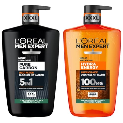 L‘Oréal Paris XXXL Duschgele – Für Ihn: Men Expert Set mit Hydra Energy Duschgel und Shampoo mit Taurin und Pure Carbon 5in1 Duschgel und Shampoo mit Karbon von L'Oréal Paris