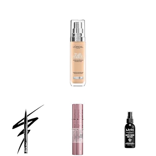 Make-Up Must-Haves Set: L’Oréal Paris True Match Foundation, NYX Professional Makeup Epic Ink Eyeliner, Maybelline Sky High Mascara (Doppelpack) und NYX Professional Makeup Setting Spray von L'Oréal Paris