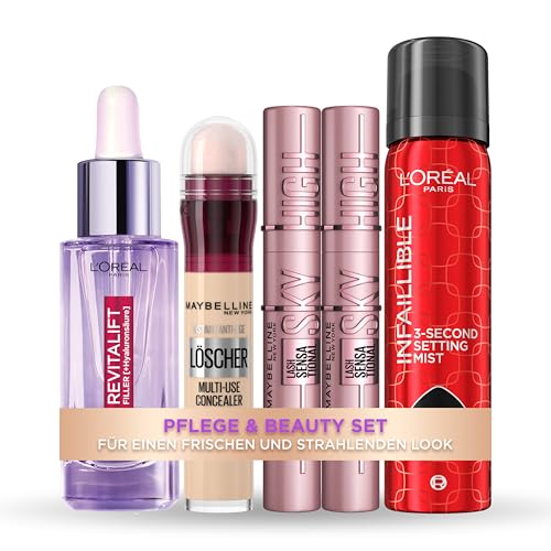 Pflege und Beauty Set aus L'Oréal Paris Revitalift Filler Serum, 2x Maybelline Sky High Mascara, Maybelline Instant Anti-Age Effekt Concealer und L'Oréal Paris Setting Spray von L'Oréal Paris