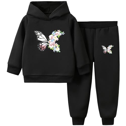 L PATTERN Trainingsanzug Kinder Jogginganzug Mädchen Kinder Sportanzug Set mit Hut Mädchen Hoodie & Hose 2-teiliges Set für Frühling Herbst,Schwarz 5,122-128 von L PATTERN