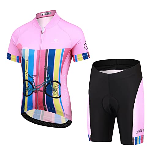 L PATTERN Jungen Fahrradtrikot Radtrikot Set Fahrrad Trikot Mädchen Trikot Kurzarm+Kurz Fahrradhose Atmungsaktive Radhose mit Sitzpolster, Rosa(Radtrikot-Set), 3XL von L PATTERN