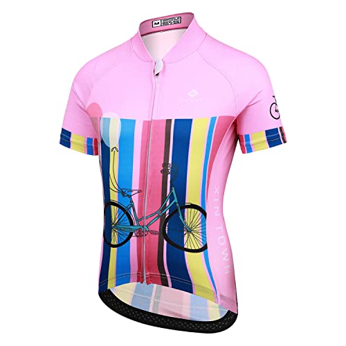 L PATTERN Jungen Fahrradtrikot Radtrikot Set Fahrrad Trikot Mädchen Trikot Kurzarm+Kurz Fahrradhose Atmungsaktive Radhose mit Sitzpolster, Rosa(Trikot), S von L PATTERN