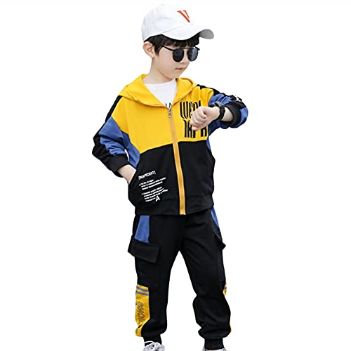 L PATTERN Jungen Jogginganzug Sportanzug Trainingsanzug Kinder Bekleidungsset Sweatjacke mit Kapuze Sweathose, Gelb, 104-110 von L PATTERN