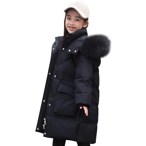 L PATTERN Kinder Daunenjacke Winterjacke Teenager Mädchen Hoher Kragen Reißverschluss Wintermantel,Schwarz,152-158 von L PATTERN