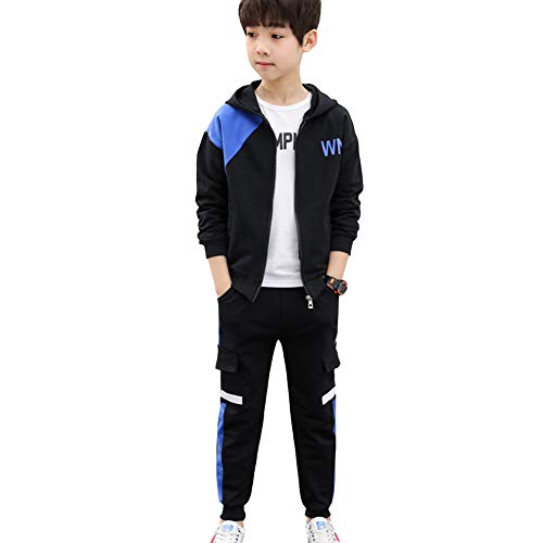 L PATTERN Kinder Jungen 3tlg Jogginganzug Trainingsanzug Sportanzug Freizeitanzug Outfit-Set Bekleidungsset Zweiteiler(Sweatshirt+Sweathose+T-Shirt), Blau, 134-140 von L PATTERN