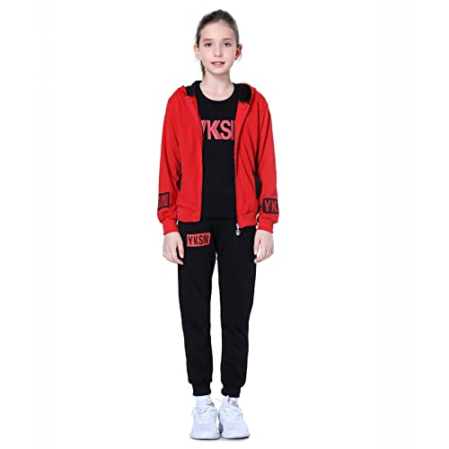 L PATTERN Kinder Mädchen 3tlg Jogginganzug Trainingsanzug Sportanzug Freizeitanzug Outfit-Set Bekleidungsset Zweiteiler(Sweatshirt+Sweathose+T-Shirt), rot, 152-158 von L PATTERN