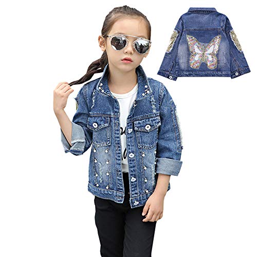 L PATTERN Kinder Mädchen Jeansjacke Jeans Mantel Denim Prinzessin Jacke Übergangsjacke Frühjahr Herbst Outwear mit Pailletten, Schmetterling, 146 von L PATTERN