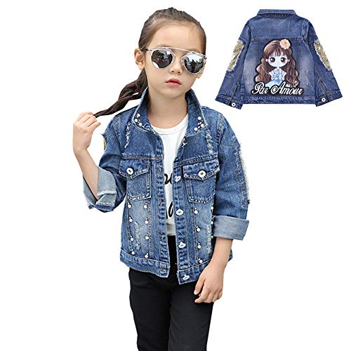 L PATTERN Kinder Mädchen Jeansjacke Jeans Mantel Denim Prinzessin Jacke Übergangsjacke Frühjahr Herbst Outwear mit Pailletten, kleines Mädchen, 122-128 von L PATTERN