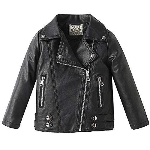 L PATTERN Kinder Mädchen Jungen Lederjacke Frühling Herbst Motorrad Lederimitat Mantel Übergangsjacke Kunstleder Bikerjacke, schwarz, 80-86 von L PATTERN