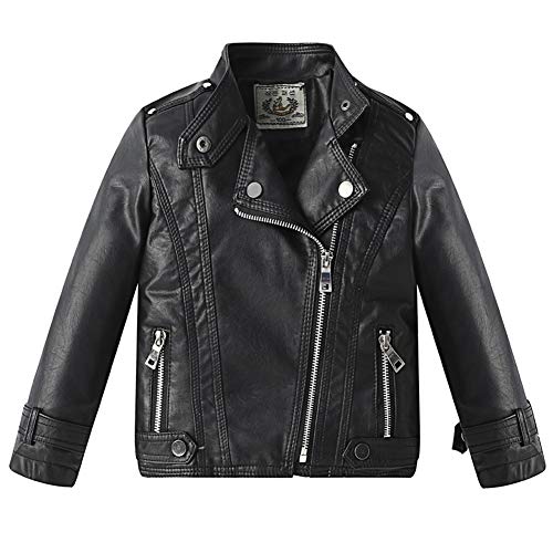L PATTERN Kinder Mädchen Jungen Lederjacke Frühling Herbst Motorrad Lederimitat Mantel Übergangsjacke Kunstleder Bikerjacke, schwarz, 80-86 von L PATTERN