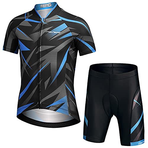 L PATTERN Kinder Radsport Bekleidung Jungen Fahrrad Trikot Set Mädchen Radtrikot Radhose mit Sitzpolster Atmungsaktiv Anzug Shirt Kurzarm+Kurz Fahrradhose, Blau+Schwarz+Grau, 140 von L PATTERN