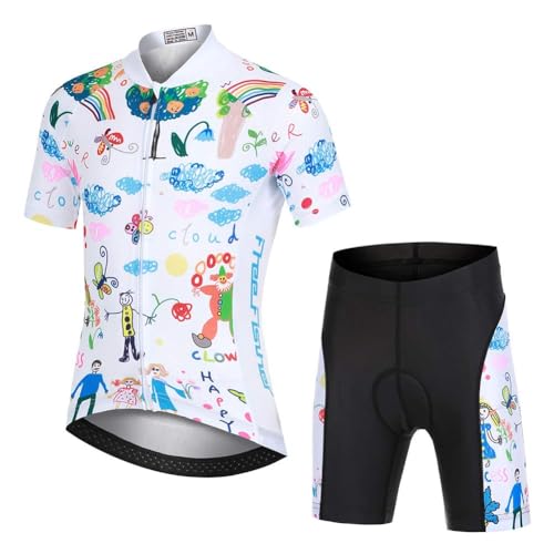 L PATTERN Kinder Radtrikot Set Jungen radsport anzüge (Fahrrad Trikot Kurzarm + Radhose) Mädchen Fahrradbekleidung Anzug mit Sitzpolster, Cartoon freudig Welt Weiß, 122/128(Tag:M) von L PATTERN