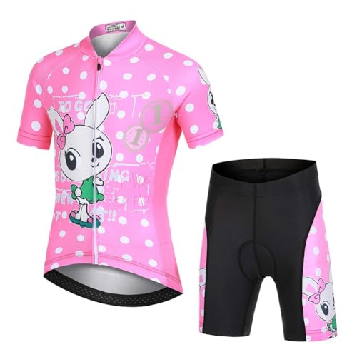 L PATTERN Kinder Radtrikot Set Jungen radsport anzüge (Fahrrad Trikot Kurzarm + Radhose) Mädchen Fahrradbekleidung Anzug mit Sitzpolster, Kaninchen auf Rosa, 110/116(Tag:S) von L PATTERN