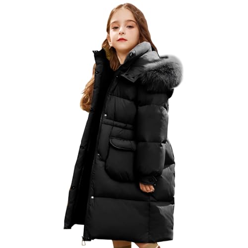 L PATTERN Kinder Winterjacke Mädchen Lang Wintermantel Kapuze mit Pelzkragen Verdickt Winter Outdoor Coats mit Taschen,Schwarz,9-10 Jahre von L PATTERN