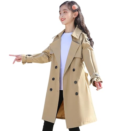 L PATTERN Langarm Trenchcoat Mädchen Windjacke Parka Frühling und Herbst Übergangsjacke, Khaki, 152-158 von L PATTERN