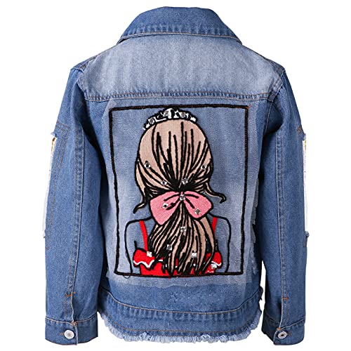 L PATTERN Mädchen Jeansjacke Kinder Übergangsjacke mit Stickerei Frühling Herbst Pailletten Denim Jacke, Blau, 152-158 von L PATTERN