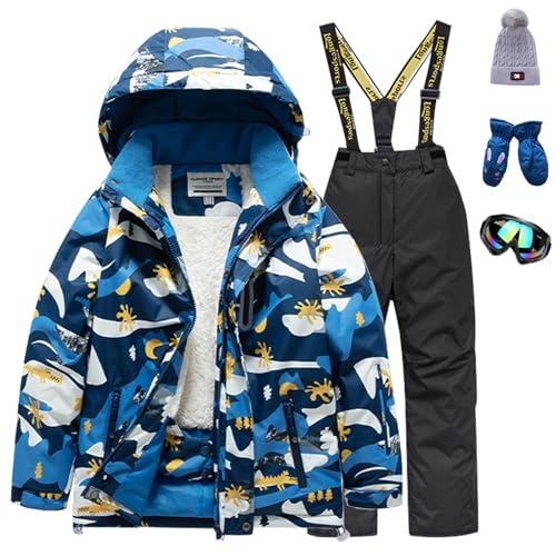 L PATTERN Skianzug Jungen 2 Teilig Skijacke und Skihose Gedickte Lammwolle Outdoor Schneeanzug für Kinder Wasserdicht Skioverall,Blau+Schwarz,104-110 von L PATTERN
