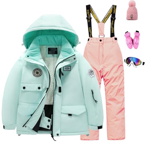 L PATTERN Skianzug Jungen 2 Teilig Skijacke und Skihose Gedickte Lammwolle Outdoor Schneeanzug für Kinder Wasserdicht Skioverall,Grün+Tender Pulver,122-128 von L PATTERN