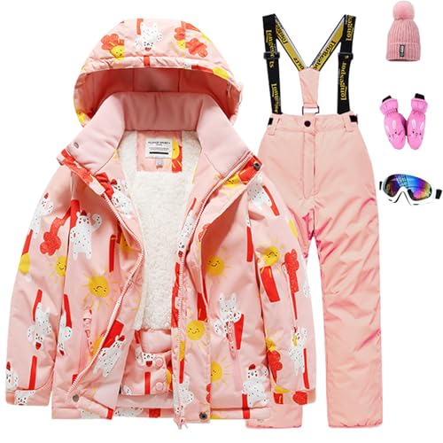 L PATTERN Skianzug Jungen 2 Teilig Skijacke und Skihose Gedickte Lammwolle Outdoor Schneeanzug für Kinder Wasserdicht Skioverall,Tenderpulver+Tenderpulver,104-110 von L PATTERN