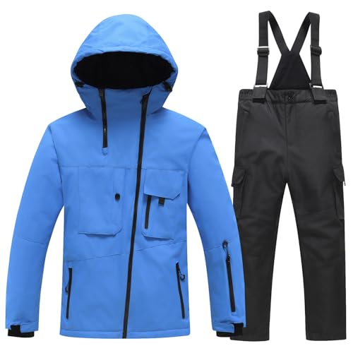 L PATTERN Skianzug Kinder 2 Teilig Verdickt Wasserdicht Schneeanzug Junge Skijacke und Skihose Mädchen Warme Outdoor Ski-Bekleidung,Blau+Schwarz,134-140 von L PATTERN