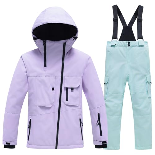 L PATTERN Skianzug Kinder 2 Teilig Verdickt Wasserdicht Schneeanzug Junge Skijacke und Skihose Mädchen Warme Outdoor Ski-Bekleidung,Hellviolett+Mintgrün,146 von L PATTERN