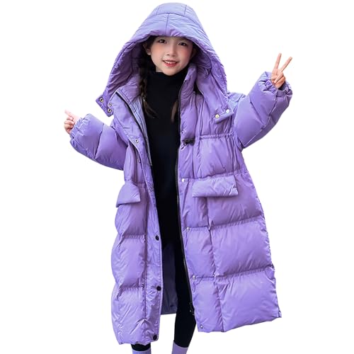 L PATTERN Winterjacke Teenager Mädchen Lang Kinder Wintermantel mit Kapuze Warme Baumwolljacke Lose Freizeit Outdoor Mantel,Lila,9-10 Jahre von L PATTERN
