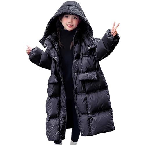 L PATTERN Kinder Daunenjacke Mädchen Winterjacke mit Fellkapuze Mittellange Jacke Winter Warm Mantel Glänzend Dicke Steppjacke,Schwarz,10-12 Jahre von L PATTERN